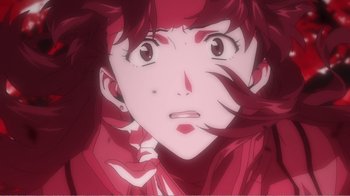 Movie still from “Evangelion: 2.0 You Can (Not) Advance” (2009), directed by Joe Fria – A person's face in a cartoon style; Close Up shot, Low angle