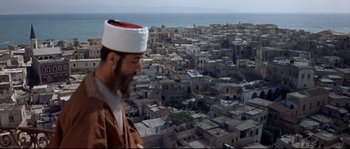 Movie still from “Exodus” (1960), directed by Otto Preminger – A man with a beard wearing a hat looking at a city; Wide shot, High angle