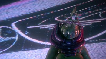 Movie still from “Explorers” (1985), directed by Joe Dante – A green creature on the ground; Close Up shot, Low angle