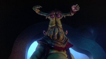 Movie still from “Explorers” (1985), directed by Joe Dante – The head of an alien creature; Close Up shot, Low angle