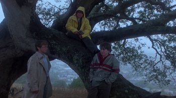 Movie still from “Explorers” (1985), directed by Joe Dante – A group of people sitting on a tree branch; Wide shot, Low angle