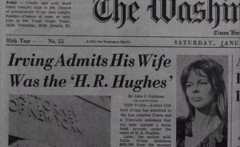 Movie still from “F for Fake” (1973), directed by François Reichenbach – An old newspaper with a picture of a man and a woman on it; Extreme Close Up shot, High angle