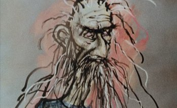 Movie still from “F for Fake” (1973), directed by François Reichenbach – A drawing of a man with a long beard; Close Up shot, Low angle