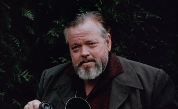 Movie still from “F for Fake” (1973), directed by François Reichenbach – An older man with a goatee holding a camera; Close Up shot, Low angle
