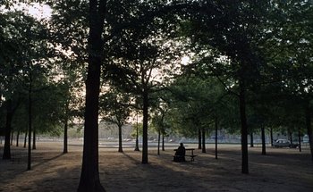Movie still from “F for Fake” (1973), directed by François Reichenbach – A person sitting on a bench in the middle of a park; Extreme Wide shot, High angle