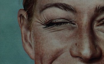 Movie still from “F for Fake” (1973), directed by François Reichenbach – Picture of a woman's face with eye lashes; Extreme Close Up shot, Overhead angle