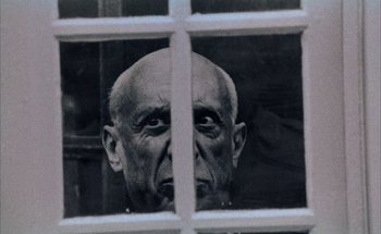 Movie still from “F for Fake” (1973), directed by François Reichenbach – An old man looking through a window at a building; Close Up shot, Low angle
