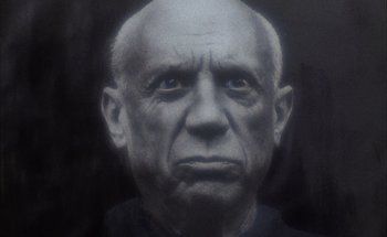 Movie still from “F for Fake” (1973), directed by François Reichenbach – An old man with a bald head is looking at the camera; Close Up shot, Low angle