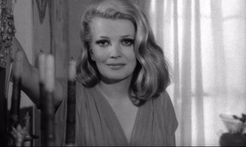 Movie still from “Faces” (1968), directed by John Cassavetes – A black - and - white photo of a woman with long blonde hair; Close Up shot, Low angle