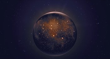 Movie still from “Faces Places” (2017), directed by Agnès Varda – An image of a planet in the middle of the night sky; Extreme Wide shot, Overhead angle