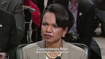 Movie still from “Fahrenheit 9/11” (2004), directed by Michael Moore – Condoleezza rice , national security advisor; Close Up shot, Over the shoulder angle