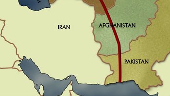Movie still from “Fahrenheit 9/11” (2004), directed by Michael Moore – A map of iran and pakistan with a red line showing the location of the two countries; Extreme Close Up shot, Overhead angle