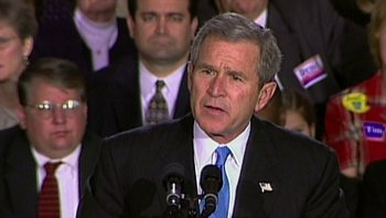 Movie still from “Fahrenheit 9/11” (2004), directed by Michael Moore – President george w; Close Up shot, Over the shoulder angle