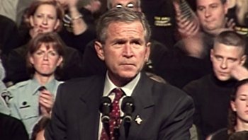 Movie still from “Fahrenheit 9/11” (2004), directed by Michael Moore – President george w; Close Up shot, Low angle