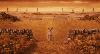 Movie still from “Fantastic Mr. Fox” (2009), directed by Wes Anderson – An animal sitting in the middle of an empty field; Wide shot, Overhead angle