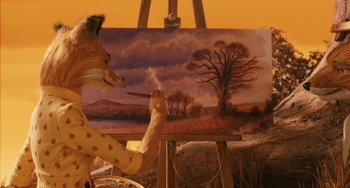 Movie still from “Fantastic Mr. Fox” (2009), directed by Wes Anderson – A painting of a tree on a canvas being painted; Medium shot, Over the shoulder angle
