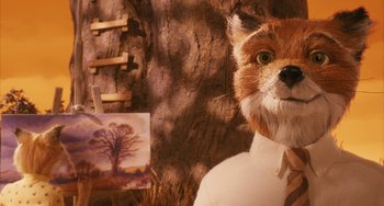 Movie still from “Fantastic Mr. Fox” (2009), directed by Wes Anderson – A stuffed animal fox wearing a tie in front of a painting; Close Up shot, Over the shoulder angle