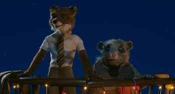 Movie still from “Fantastic Mr. Fox” (2009), directed by Wes Anderson – A couple of stuffed animals that are next to each other; Medium shot, Low angle