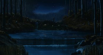 Movie still from “Fantastic Mr. Fox” (2009), directed by Wes Anderson – A painting of a pond with a house in the background; Extreme Wide shot, High angle