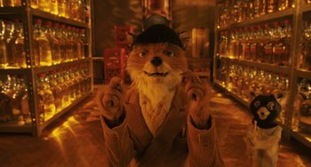 Movie still from “Fantastic Mr. Fox” (2009), directed by Wes Anderson – A man dressed as a fox in a suit and hat; Close Up shot, Overhead angle