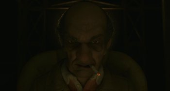 Movie still from “Fantastic Mr. Fox” (2009), directed by Wes Anderson – An old man smoking a cigarette in the dark; Close Up shot, Low angle