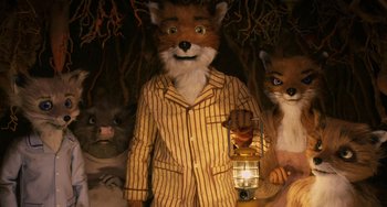 Movie still from “Fantastic Mr. Fox” (2009), directed by Wes Anderson – A man in a suit with a lantern and some other animals; Medium shot, High angle