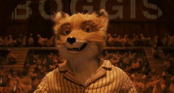 Movie still from “Fantastic Mr. Fox” (2009), directed by Wes Anderson – A man with a fox mask and a baseball uniform on; Close Up shot, Over the shoulder angle