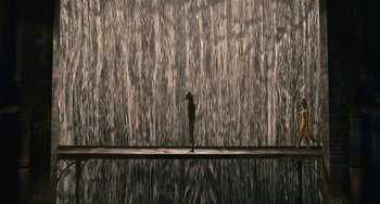 Movie still from “Fantastic Mr. Fox” (2009), directed by Wes Anderson – A fire hydrant in front of a waterfall; Extreme Wide shot, Low angle