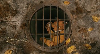 Movie still from “Fantastic Mr. Fox” (2009), directed by Wes Anderson – An animal in a cage is sitting in a hole; Wide shot, Overhead angle