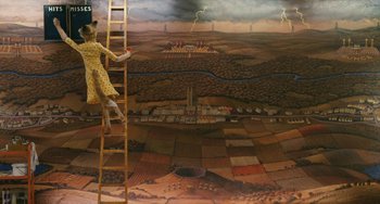 Movie still from “Fantastic Mr. Fox” (2009), directed by Wes Anderson – A woman on a ladder in front of a painting; Extreme Wide shot, Overhead angle