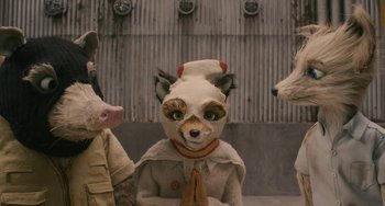 Movie still from “Fantastic Mr. Fox” (2009), directed by Wes Anderson – A group of stuffed animals that are standing up; Close Up shot, High angle