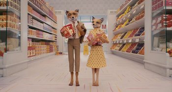 Movie still from “Fantastic Mr. Fox” (2009), directed by Wes Anderson – A couple of people that are in a store; Wide shot, Overhead angle