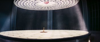 Movie still from “Fantastic Voyage” (1966), directed by Richard Fleischer – A room with a round table and a round ceiling; Extreme Wide shot, High angle