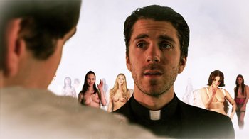 Movie still from “Father's Day” (2011), directed by Conor Sweeney – A man wearing a priest's outfit with two women in the background; Close Up shot, Over the shoulder angle
