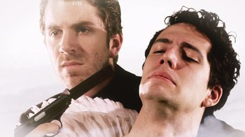 Movie still from “Father's Day” (2011), directed by Conor Sweeney – Two men are posing for a picture; Close Up shot, Low angle