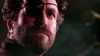Movie still from “Father's Day” (2011), directed by Conor Sweeney – A person wearing a eye patch; Extreme Close Up shot, Low angle