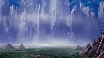 Movie still from “Fire and Ice” (1983), directed by Ralph Bakshi – A painting of a mountain range with a sky filled with clouds; Extreme Wide shot, Low angle