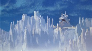 Movie still from “Fire and Ice” (1983), directed by Ralph Bakshi – A castle on top of a snow covered mountain; Extreme Wide shot, High angle