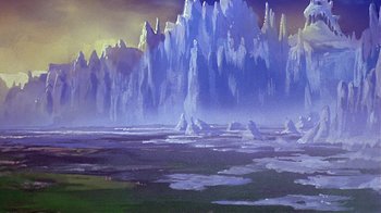 Movie still from “Fire and Ice” (1983), directed by Ralph Bakshi – A painting of an icy landscape with a mountain in the background; Extreme Wide shot, High angle