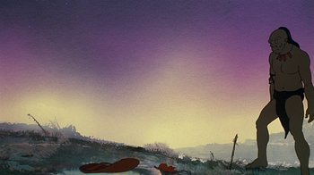 Movie still from “Fire and Ice” (1983), directed by Ralph Bakshi – A painting of a purple sky and a field; Extreme Wide shot, Low angle