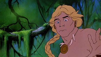 Movie still from “Fire and Ice” (1983), directed by Ralph Bakshi – A cartoon character with a forest in the background; Close Up shot, Over the shoulder angle