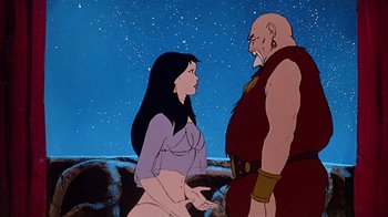 Movie still from “Fire and Ice” (1983), directed by Ralph Bakshi – An animated scene of a man and a woman looking at each other; Medium shot, Low angle