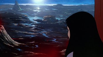Movie still from “Fire and Ice” (1983), directed by Ralph Bakshi – A painting of a woman looking out over a body of water; Extreme Wide shot, High angle