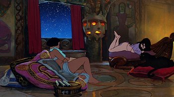Movie still from “Fire and Ice” (1983), directed by Ralph Bakshi – A painting of a woman sitting in a chair next to another woman; Wide shot, Low angle
