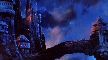 Movie still from “Fire and Ice” (1983), directed by Ralph Bakshi – A painting of a castle in the night sky; Extreme Wide shot, Low angle
