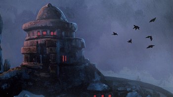 Movie still from “Fire and Ice” (1983), directed by Ralph Bakshi – An oil painting of a castle on a hill with a flock of birds flying overhead; Extreme Wide shot, Low angle