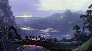 Movie still from “Fire and Ice” (1983), directed by Ralph Bakshi – A group of people standing on top of a hill; Extreme Wide shot, Low angle