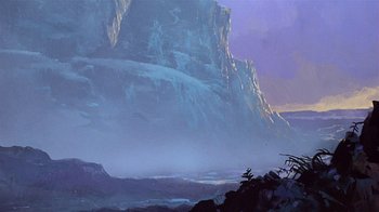 Movie still from “Fire and Ice” (1983), directed by Ralph Bakshi – A painting of a mountain and a body of water; Extreme Wide shot, Low angle
