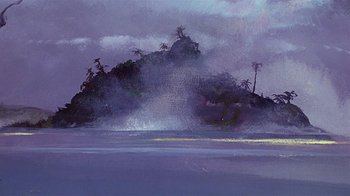 Movie still from “Fire and Ice” (1983), directed by Ralph Bakshi – An oil painting of an island in the middle of the ocean; Extreme Wide shot, Low angle