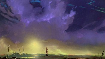 Movie still from “Fire and Ice” (1983), directed by Ralph Bakshi – A painting of a woman holding a stick in the middle of a field; Extreme Wide shot, Low angle